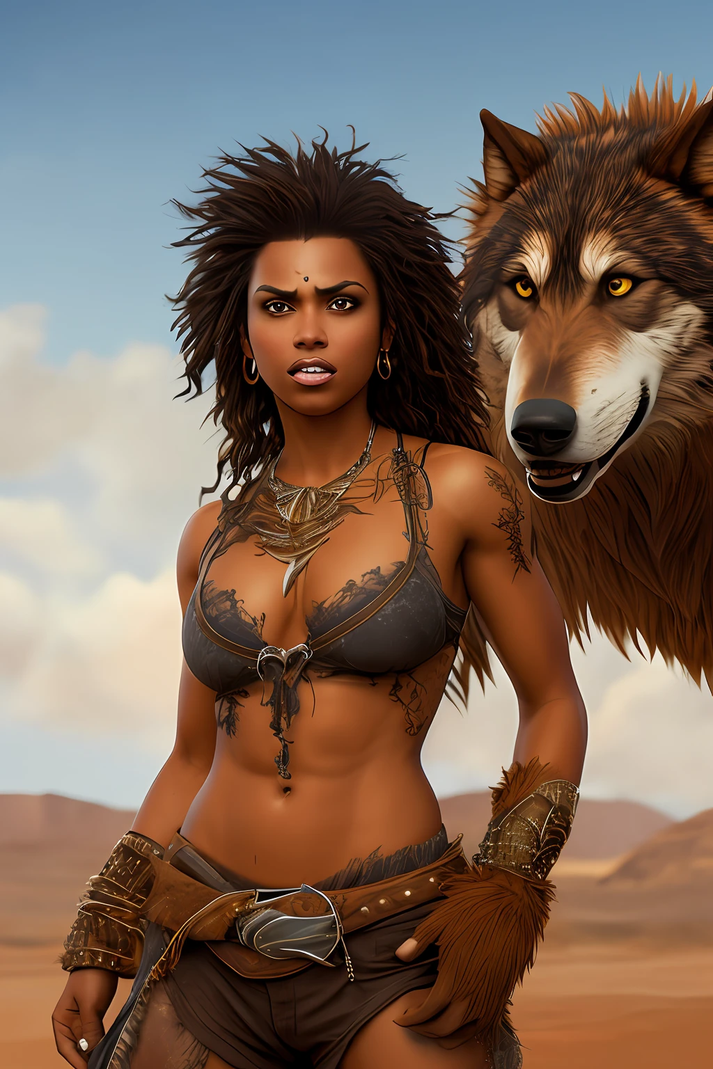 Masterpiece, highest quality, details, brown Puerto Rican female, werewolf, desert landscape, aggressive expression, game character, wearing fur, realistic, warrior, young