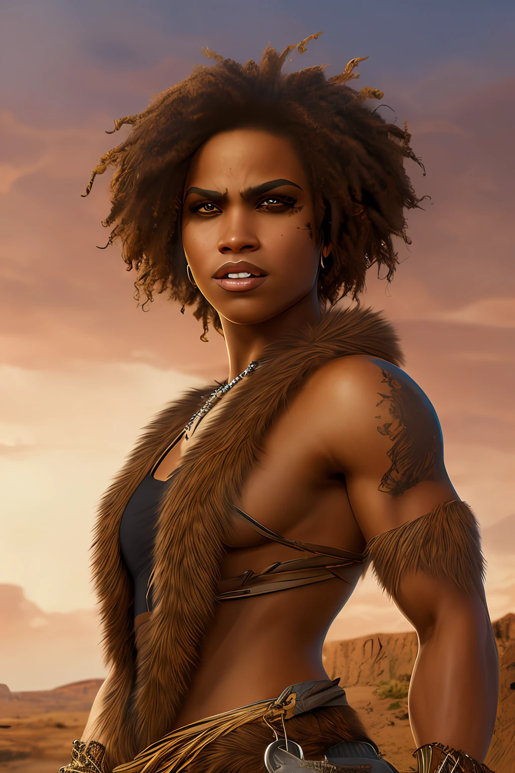 Masterpiece, highest quality, details, brown Puerto Rican female, werewolf, desert landscape, aggressive expression, game character, wearing fur, realistic, warrior, young