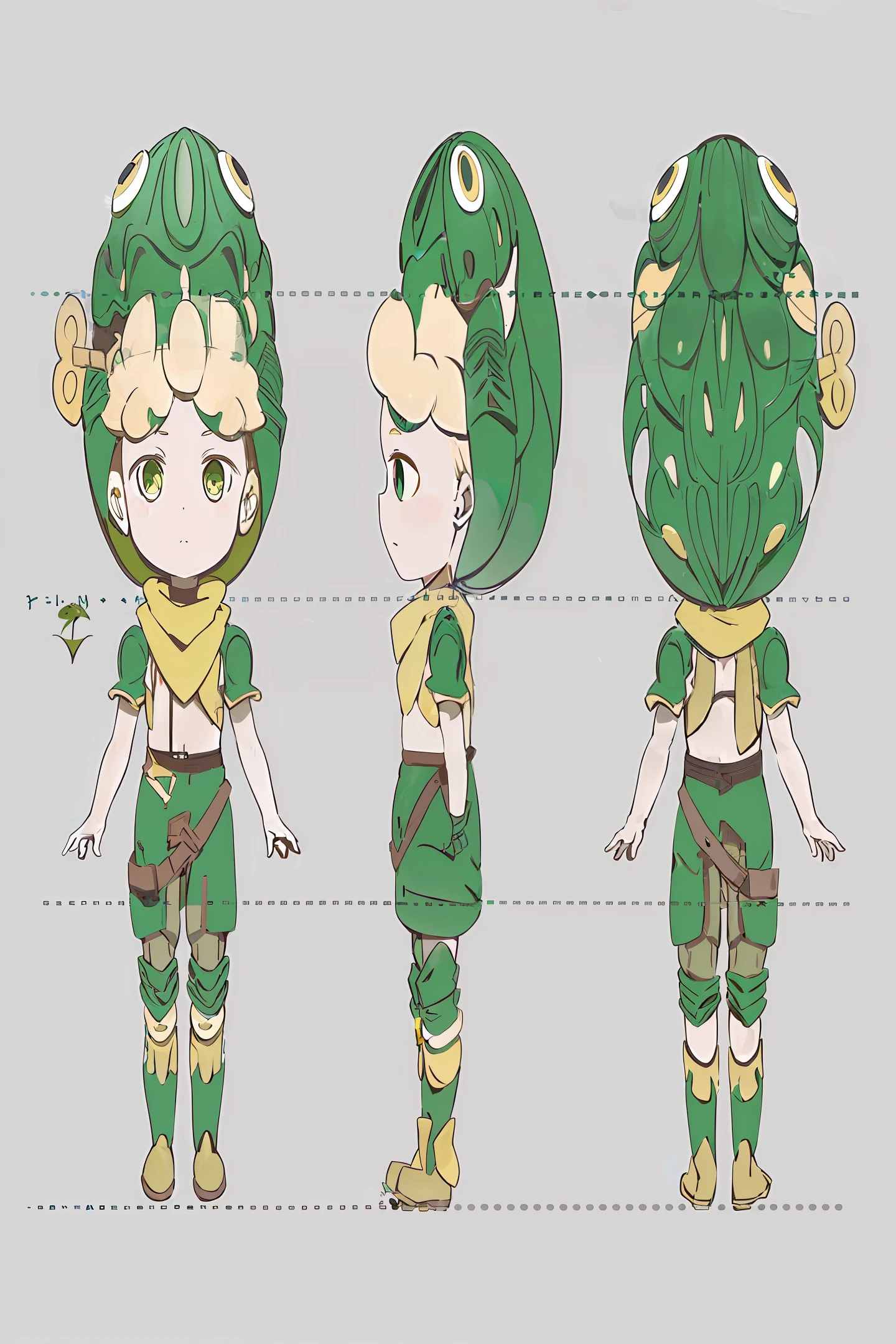 (Same character, front, side, back), simple background, (full body) blond boy, tin frog headgear, armor, yellow scarf, sweet cool wind, big eyes