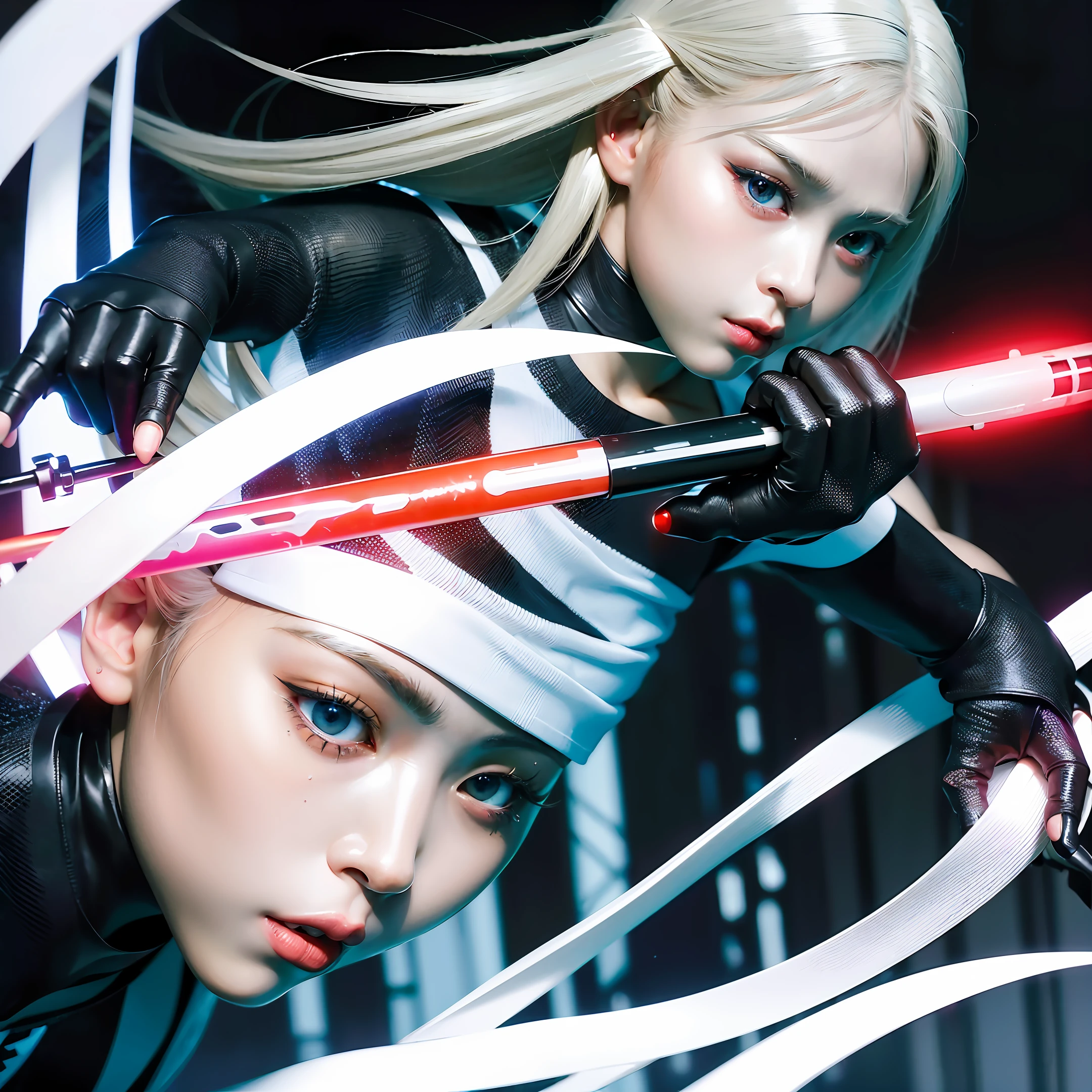 (masterpiece), best quality, expressive eyes, perfect face, (liquid paint white rainbow hair 1.1), kakashi, 1girl, female focus, solo, glowing, red eyes, ninja, weapon, glowing eyes, holding, looking at viewer, fingerless gloves, gloves, holding weapon, sword, black gloves,