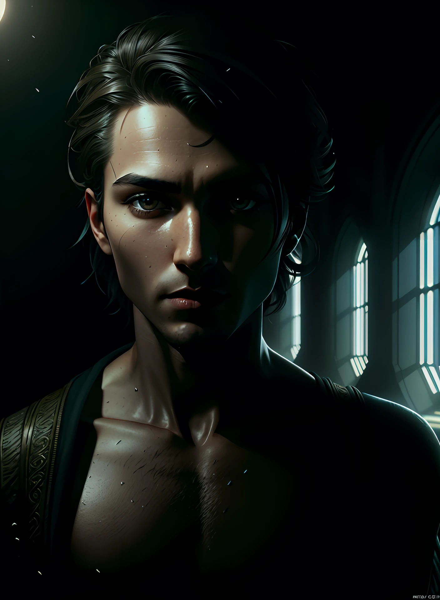 handsome young man looking down, bare torso, waist-length portrait, low camera angle, bottom view, bottom view, hands on either side of the photographer, deep shadows, dark (transparent) (moonlight: 1.3), award-winning POV , intricate, detailed , stunning, fine details, highly detailed person, sensual, evocative, extremely detailed eyes and face, piercing gaze, tousled hair, muscular body, perfect center, nikon d850 film, lens, porter 400 1.6, rich colors , ultra-realistic texture, spectacular, bright, popular at art stations: zinc up to 800 (facial transparency: 1.5), anatomical masterpiece, window light, dawn, model style (extremely detailed CG Unity 8k wallpaper), trending on ArtStation, trending on CGSociety, Intricate, High Detail, Sharp focus, dramatic, photorealistic painting by Midjourney, ((male))
