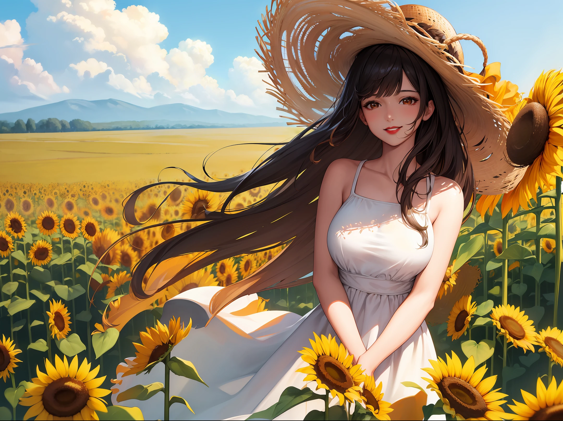 high-quality digital art, red lips, wavy long hair, bangs, straight bangs, brown eyes, white skin, red nails, picture-perfect face, flawless, clean, masterpiece, (((sharp))) ((focus)) (instagram) (8k) masterpiece, beautiful dress, delicate tracing, pink accents, digital painting, outside, sunflower field, highly detailed light, cinematic light, high-quality, a digital painting masterpiece, best quality, absurdly high resolution, happy smile, windy day, straw hat, clouds in the sky, sun, sunny day, sunflowers, detailed background, big field, rustic vibe, intricate details, glow, shiny hair, black hair, wave hair, lustrous skin, windblown hair, one girl