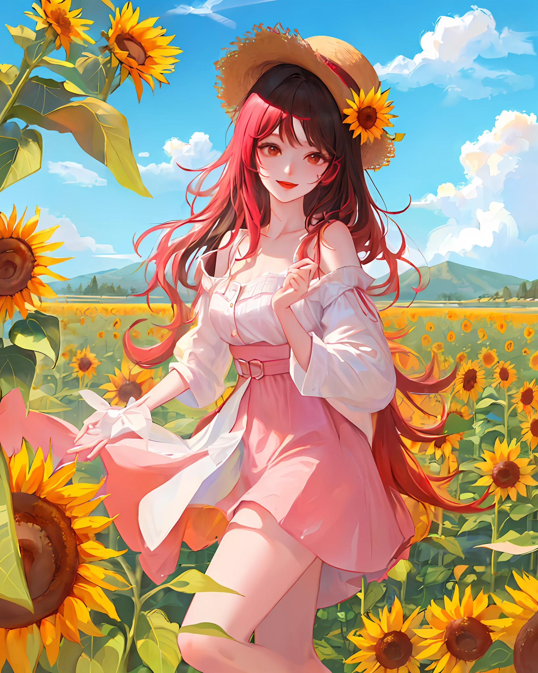 high-quality digital art, red lips, wavy long hair, bangs, straight bangs, brown eyes, white skin, red nails, picture-perfect face, flawless, clean, masterpiece, (((sharp))) ((focus)) (instagram) (8k) masterpiece, beautiful dress, delicate tracing, pink accents, digital painting, outside, sunflower field, highly detailed light, cinematic light, high-quality, a digital painting masterpiece, best quality, absurdly high resolution, happy smile, windy day, straw hat, clouds in the sky, sun, sunny day, sunflowers, detailed background, big field, rustic vibe, intricate details, glow, shiny hair, black hair, wave hair, lustrous skin, windblown hair, one girl