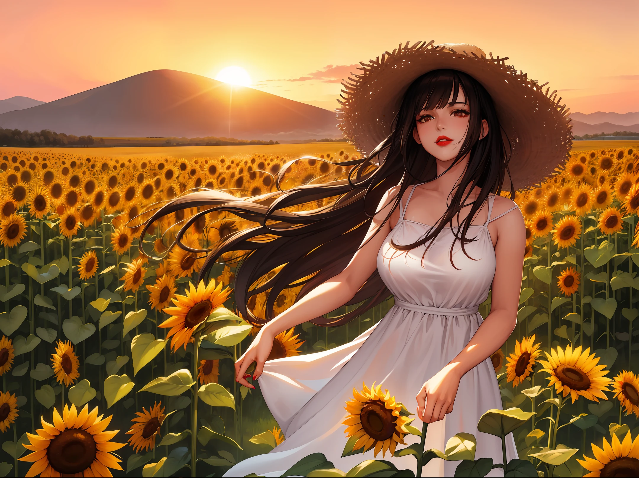 high-quality digital art, red lips, long black hair,  wavy long hair, bangs, straight bangs, brown eyes, white skin, red nails, picture-perfect face, flawless, clean, masterpiece, (((sharp))) ((focus)) (instagram) (8k) masterpiece, beautiful dress, delicate tracing, pink accents, digital painting, outside, sunflower field, highly detailed light, cinematic light, high-quality, a digital painting masterpiece, best quality, absurdly high resolution, windy day, straw hat, orange sky, sun, sunset, sunflowers, detailed background, big field, rustic vibe, intricate details, glow, shiny hair, black hair, loose hair, lustrous skin, windblown hair, one girl