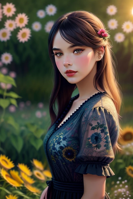 high-quality digital art, red lips, long black hair, wavy long hair, bangs, straight bangs, brown eyes, white skin, red nails, picture-perfect face, flawless, clean, masterpiece, (((sharp))) ((focus)) (instagram) (8k) masterpiece, beautiful dress, delicate tracing, pink accents, digital painting, outside, sunflower field, highly detailed light, cinematic light, high-quality, a digital painting masterpiece, best quality, absurdly high resolution, windy day, straw hat, orange sky, sun, sunset, sunflowers, detailed background, big field, rustic vibe, intricate details, glow, shiny hair, black hair, loose hair, lustrous skin, windblown hair, slim, warm vibe, happy feel, one girl