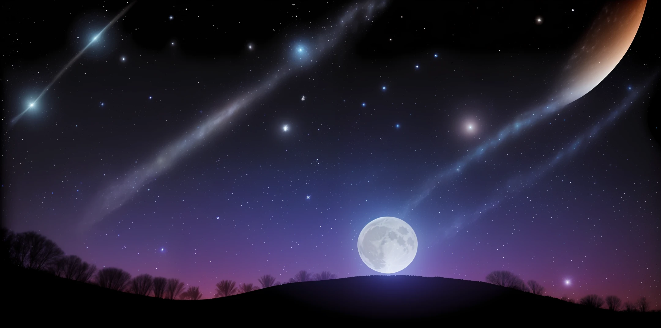 celestial theme. Design a captivating night sky filled with stars, galaxies, and planets. Make the centerpiece a large, mesmerizing full moon. Consider adding neon or glow-in-the-dark ink to make the stars and moon shine brightly when exposed to light. Ensure the design is elegant and visually appealing, capturing the wonders of the universe.