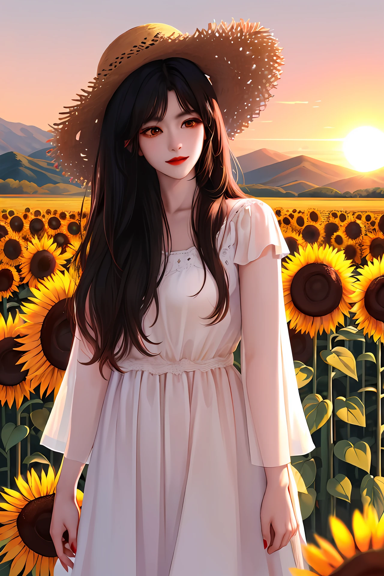 high-quality digital art, red lips, long black hair, wavy long hair, bangs, straight bangs, brown eyes, white skin, red nails, picture-perfect face, flawless, clean, masterpiece, (((sharp))) ((focus)) (instagram) (8k) masterpiece, beautiful dress, delicate tracing, pink accents, digital painting, outside, sunflower field, highly detailed light, cinematic light, high-quality, a digital painting masterpiece, best quality, absurdly high resolution, mountains, windy day, sunflower petals, straw hat, orange sky, sun, sunset, sunflowers, detailed background, big field, rustic feel, intricate details, glow, shiny hair, black hair, loose hair, lustrous skin, dynamic vibe, windblown hair, one girl