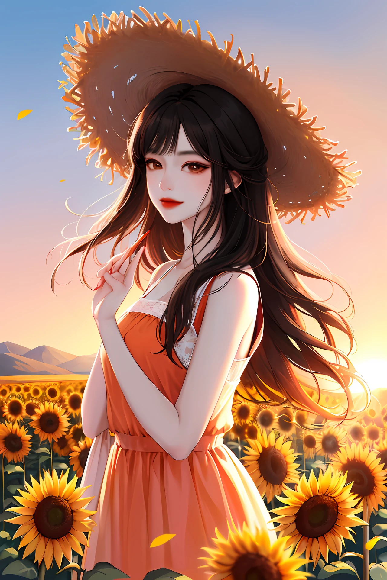 high-quality digital art, red lips, long black hair, wavy long hair, bangs, straight bangs, brown eyes, happy, white skin, red nails, picture-perfect face, flawless, clean, masterpiece, (((sharp))) ((focus)) (instagram) (8k) masterpiece, beautiful dress, delicate tracing, pink accents, digital painting, outside, sunflower field, highly detailed light, cinematic light, high-quality, a digital painting masterpiece, best quality, absurdly high resolution, mountains, windy day, sunflower petals, straw hat, orange sky, sun, sunset, sunflowers, detailed background, big field, rustic feel, intricate details, glow, shiny hair, black hair, loose hair, lustrous skin, dynamic vibe, windblown hair, one girl