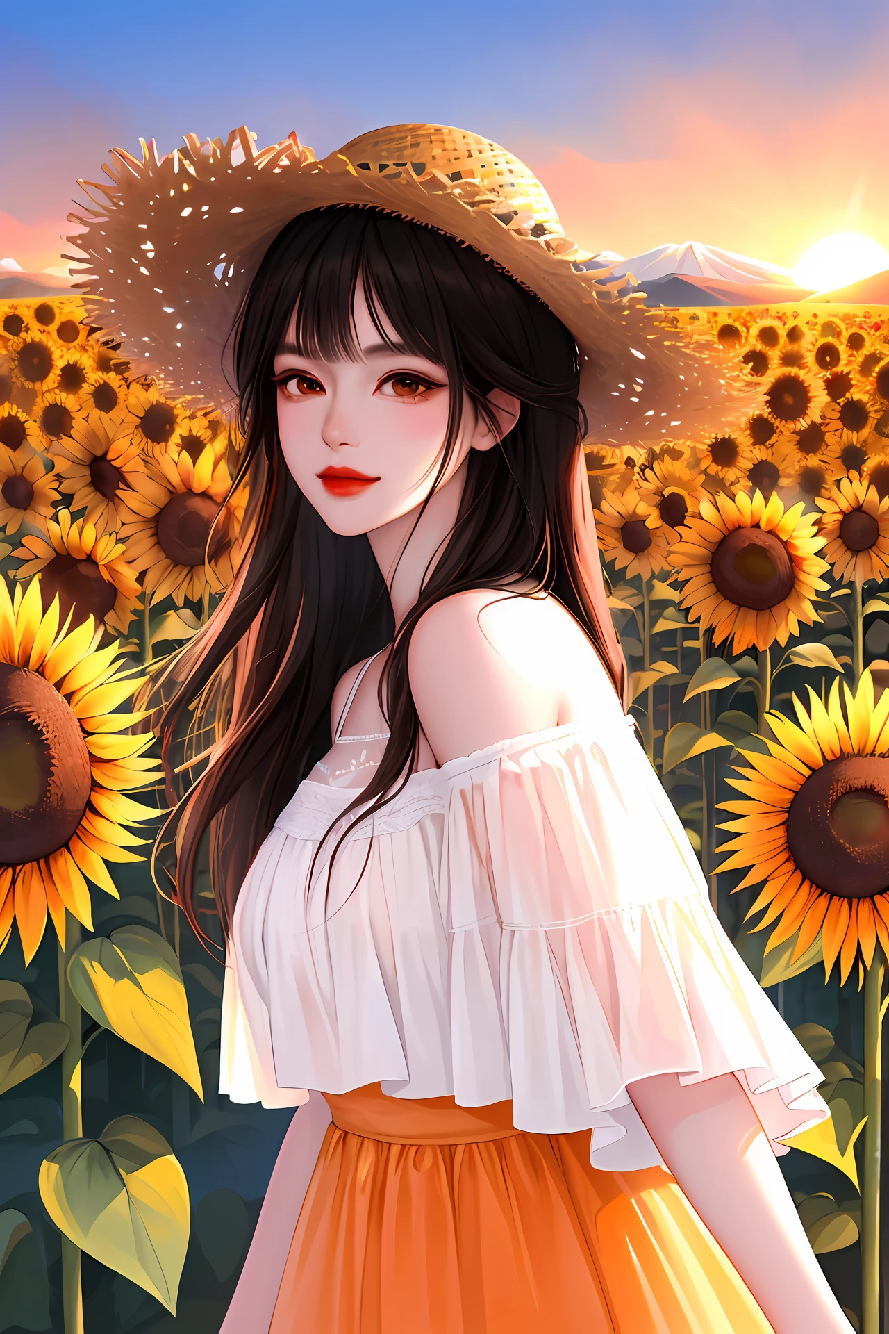 high-quality digital art, red lips, long black hair, wavy long hair, bangs, straight bangs, brown eyes, happy, white skin, red nails, picture-perfect face, flawless, clean, masterpiece, (((sharp))) ((focus)) (instagram) (8k) masterpiece, beautiful dress, delicate tracing, pink accents, digital painting, outside, sunflower field, highly detailed light, cinematic light, high-quality, a digital painting masterpiece, best quality, absurdly high resolution, mountains, windy day, sunflower petals, straw hat, orange sky, sun, sunset, sunflowers, detailed background, big field, rustic feel, intricate details, glow, shiny hair, black hair, loose hair, lustrous skin, dynamic vibe, windblown hair, one girl