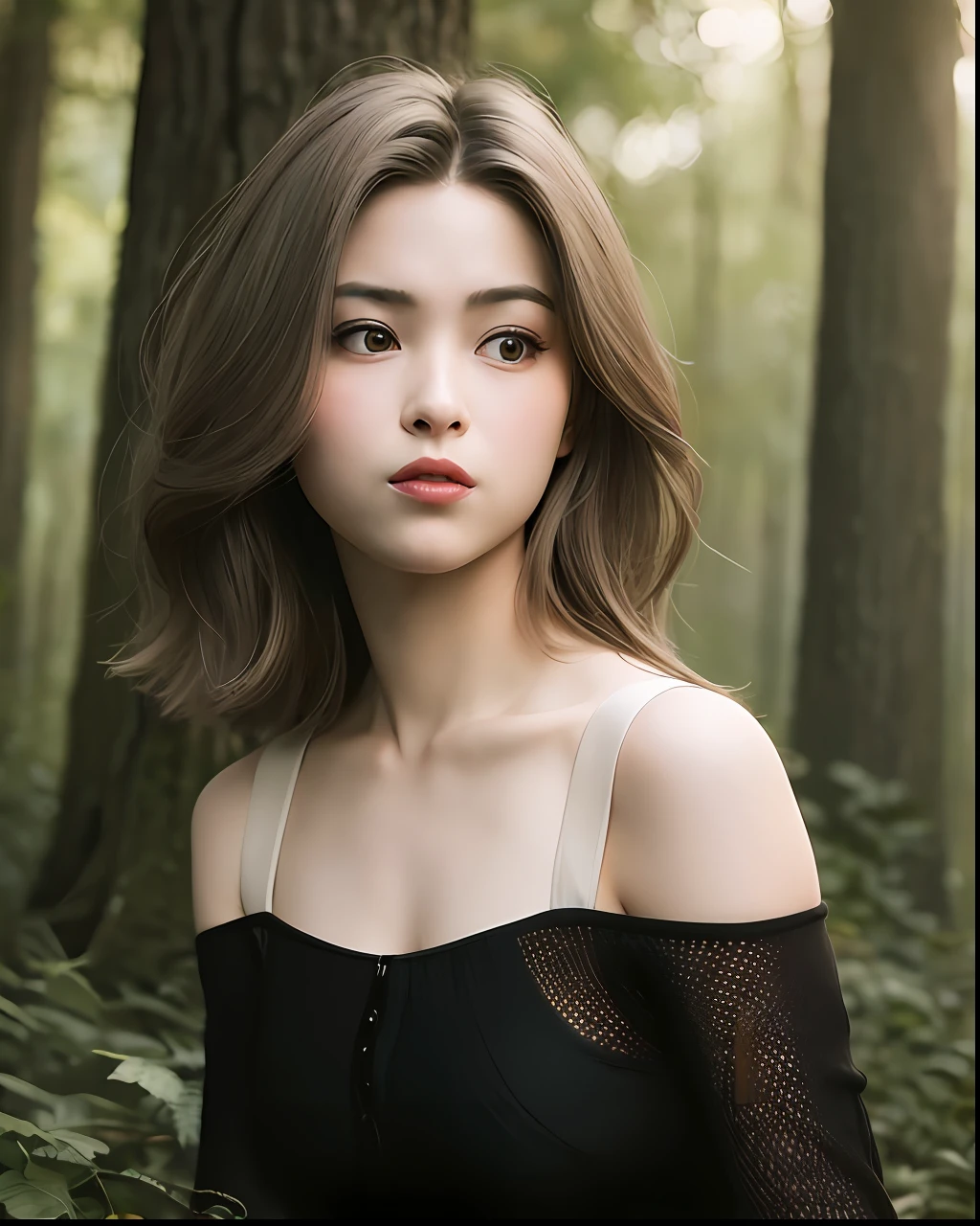 Best quality, masterpiece, ultra high res, (photorealistic:1.4), raw photo, 1girl, offshoulder, in the dark, deep shadow, 4k, nature background