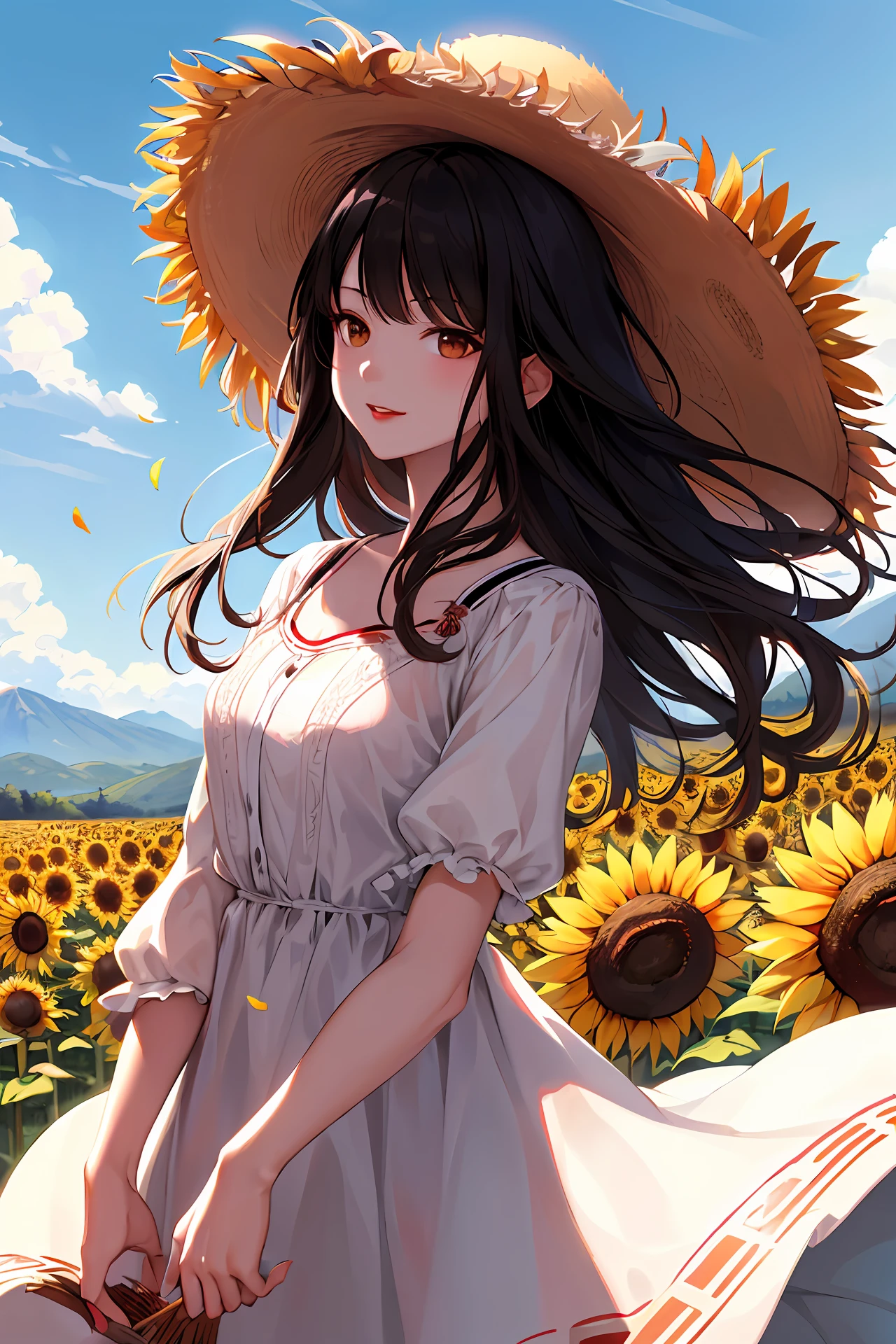 high-quality digital art, happy, red lips, long black hair, wavy long hair, bangs, straight bangs, brown eyes, white skin, red nails, picture-perfect face, flawless, clean, masterpiece, (((sharp))) ((focus)) (instagram) (8k) masterpiece, beautiful dress, delicate tracing, pink accents, digital painting, outside, sunflower field, highly detailed light, cinematic light, high-quality, a digital painting masterpiece, best quality, absurdly high resolution, mountains, windy day, sunflower petals, straw hat, cloudy sky, sun, wind, sunflowers, detailed background, big field, rustic feel, intricate details, glow, shiny hair, black hair, loose hair, lustrous skin, dynamic vibe, windblown hair, one girl