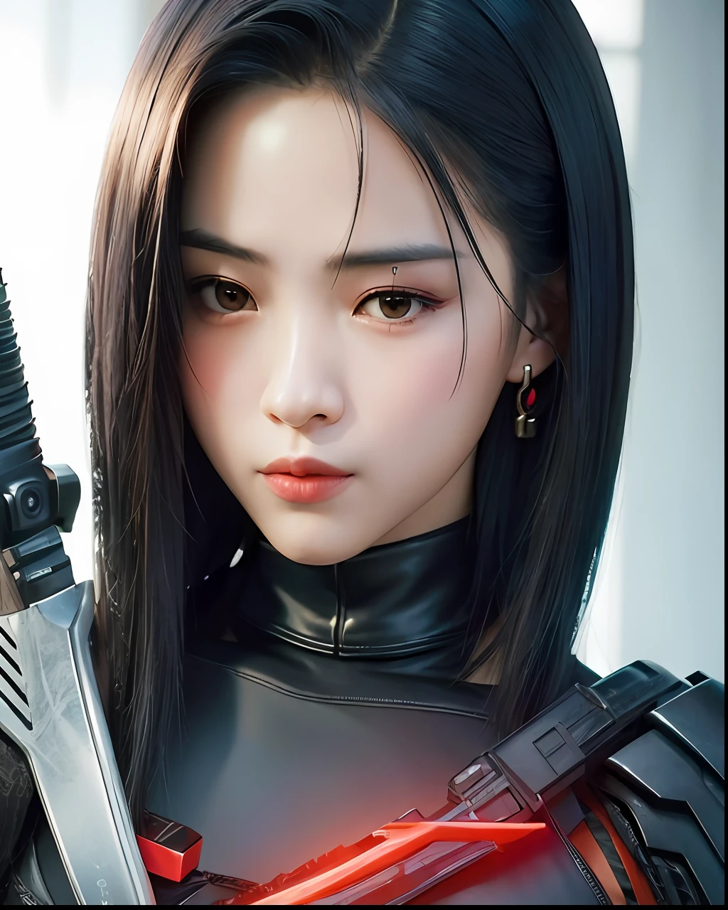 (masterpiece), a close up of a woman holding a sword with red lights, very beautiful cyberpunk samurai, katana zero video game character, she is holding a katana sword, rossdraws digital painting, iu lee ji-eun as a super villain, ig model | artgerm, trending on cgstation, ross tran 8 k, katana, artgerm and ruan jia.