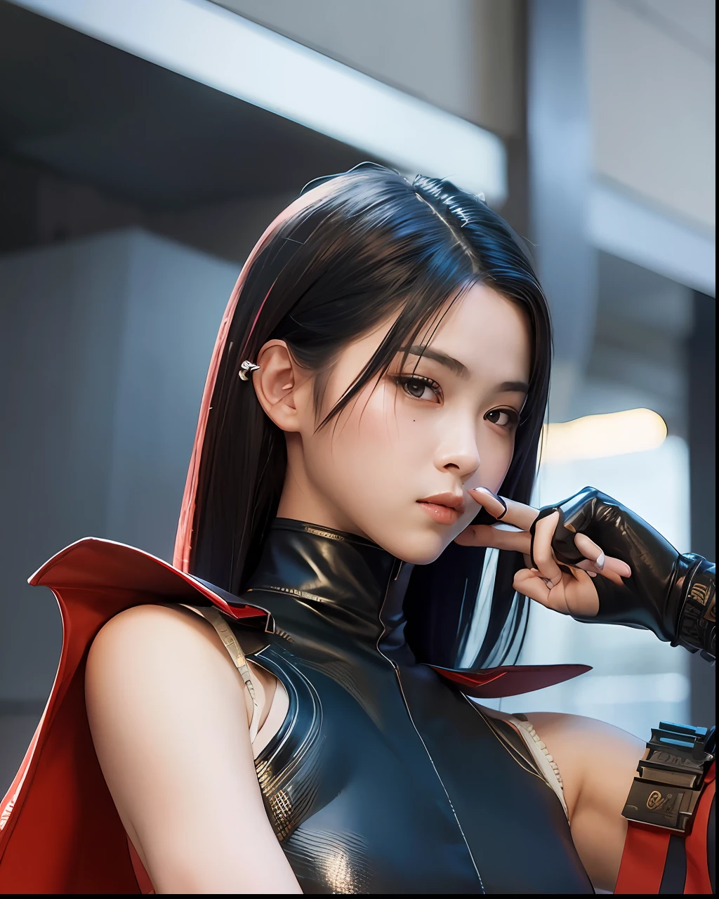 (masterpiece), a close up of a woman holding a sword with red lights, very beautiful cyberpunk samurai, katana zero video game character, she is holding a katana sword, rossdraws digital painting, iu lee ji-eun as a super villain, ig model | artgerm, trending on cgstation, ross tran 8 k, katana, artgerm and ruan jia.