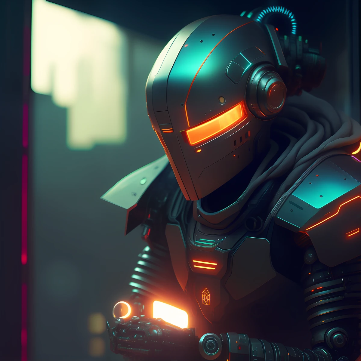 Robot cyberpunk cyborg with glowing visor as a realistic scifi cyberpunk knight, medium shot, intricate,unreal engine, cozy indoor lighting, artstation, detailed, digital painting,cinematic,character design by mark ryden and pixar and hayao miyazaki, unreal 5, daz, hyperrealistic, octane render