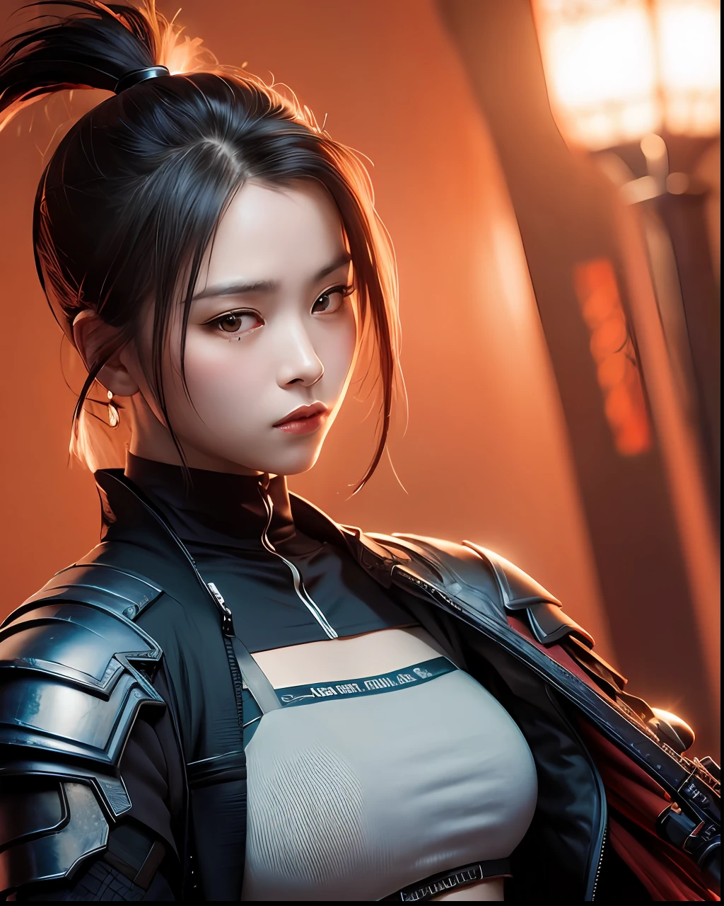 (masterpiece), a close up of a woman holding a sword with red lights, very beautiful cyberpunk samurai, katana zero video game character, she is holding a katana sword, rossdraws digital painting, iu lee ji-eun as a super villain, ig model | artgerm, trending on cgstation, ross tran 8 k, katana, artgerm and ruan jia, 4K high resolution.