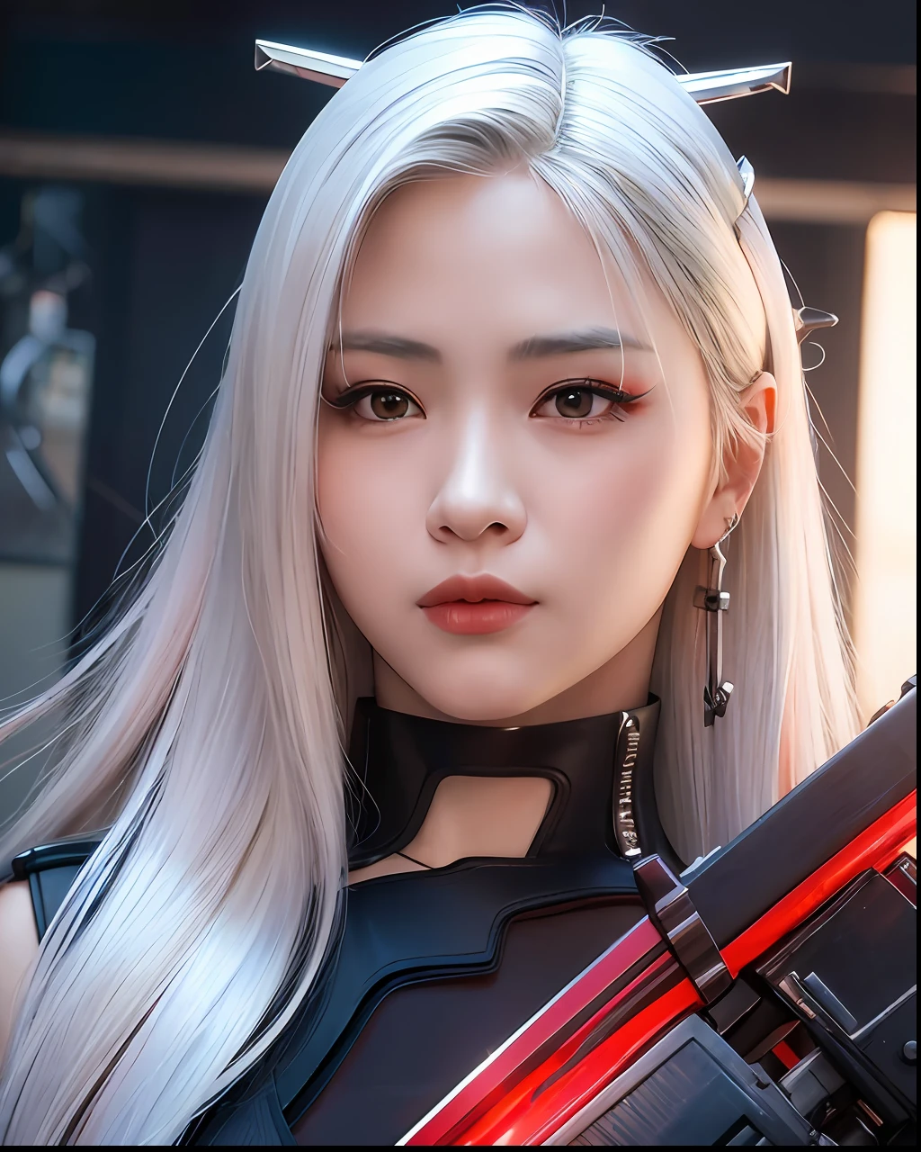 (masterpiece), close up of a woman holding a sword with red light, cyberpunk samurai very beautiful, (liquid rainbow white hair:1.1), video game character katana zero, she is holding a katana sword, digital painting rossdraw, iu lee ji-eun as supervillain, ig models | artgerm, trend on cgstation, ross tran 8k, katana, artgerm and ruan jia, 4K hi-res.