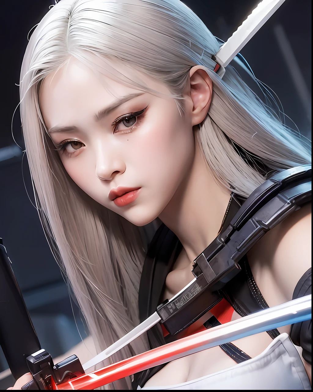 (masterpiece), close up of a woman holding a sword with red light, cyberpunk samurai very beautiful, (liquid rainbow white hair:1.1), (liquid white galaxy hair 1.1),video game character katana zero, she is holding a katana sword, digital painting rossdraw, iu lee ji-eun as supervillain, ig models | artgerm, trend on cgstation, ross tran 8k, katana, artgerm and ruan jia, 4K hi-res.