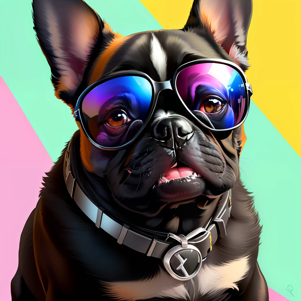 black French bulldog, smiling, with sunglasses, hyper realistic, cute, pop color