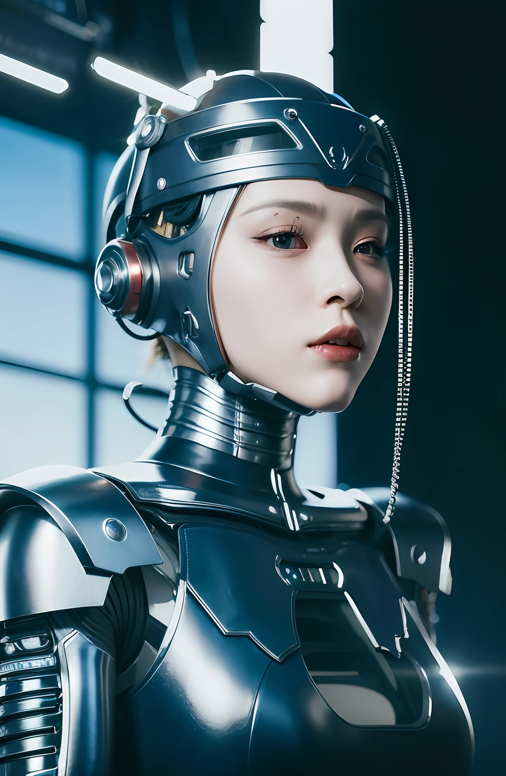 complex 3d render android face ultra detailed beautiful china profile woman, cyborg, robot part, 150 mm, beautiful studio soft light, edge light, vivid detail, fancy cyberpunk, lace, hyperrealistic, anatomy, facial muscles, electric wires, microchips, elegant, beautiful background, octane render, HR Giger style, 8k, top quality, masterpiece, illustration, smooth and beautiful, highly detailed, CG, unity, wallpaper, (realistic, photo-realistic: 1.37), excellent, detail refined, masterpiece, top quality, official art, highly detailed, absurd CG unity 8k wallpaper, absurd, robot, silver halmet, full body, sitting