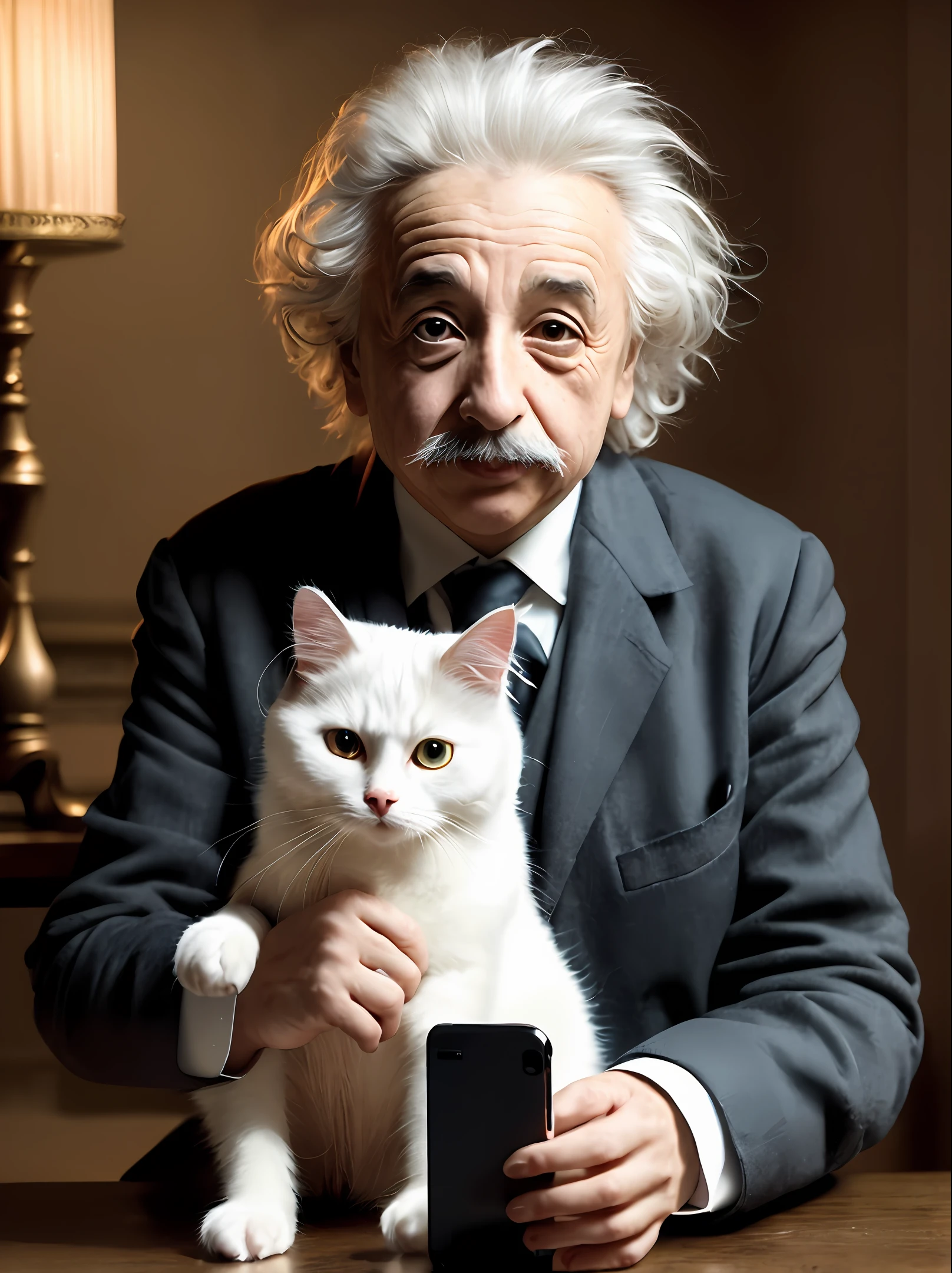 Albert Einstein, holding a white cat, on the table a smartphone lit by a candle (dark private office, melancholy dim light: 1.6)