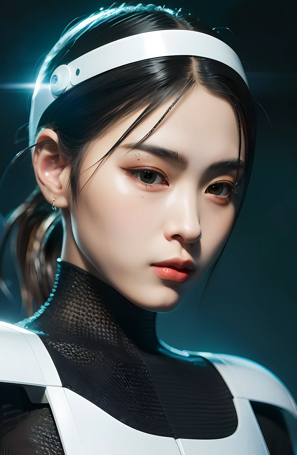 complex 3d render android face ultra detailed beautiful china profile woman, cyborg, robot part, 150 mm, beautiful studio soft light, edge light, vivid detail, fancy cyberpunk, lace, hyperrealistic, anatomy, facial muscles, electric wires, microchips, elegant, beautiful background, octane render, HR Giger style, 8k, top quality, masterpiece, illustration, smooth and beautiful, highly detailed, CG, unity, wallpaper, (realistic, photo-realistic: 1.37), excellent, detail refined, masterpiece, top quality, official art, highly detailed, absurd CG unity 8k wallpaper, absurd, robot, silver halmet, full body, sitting
