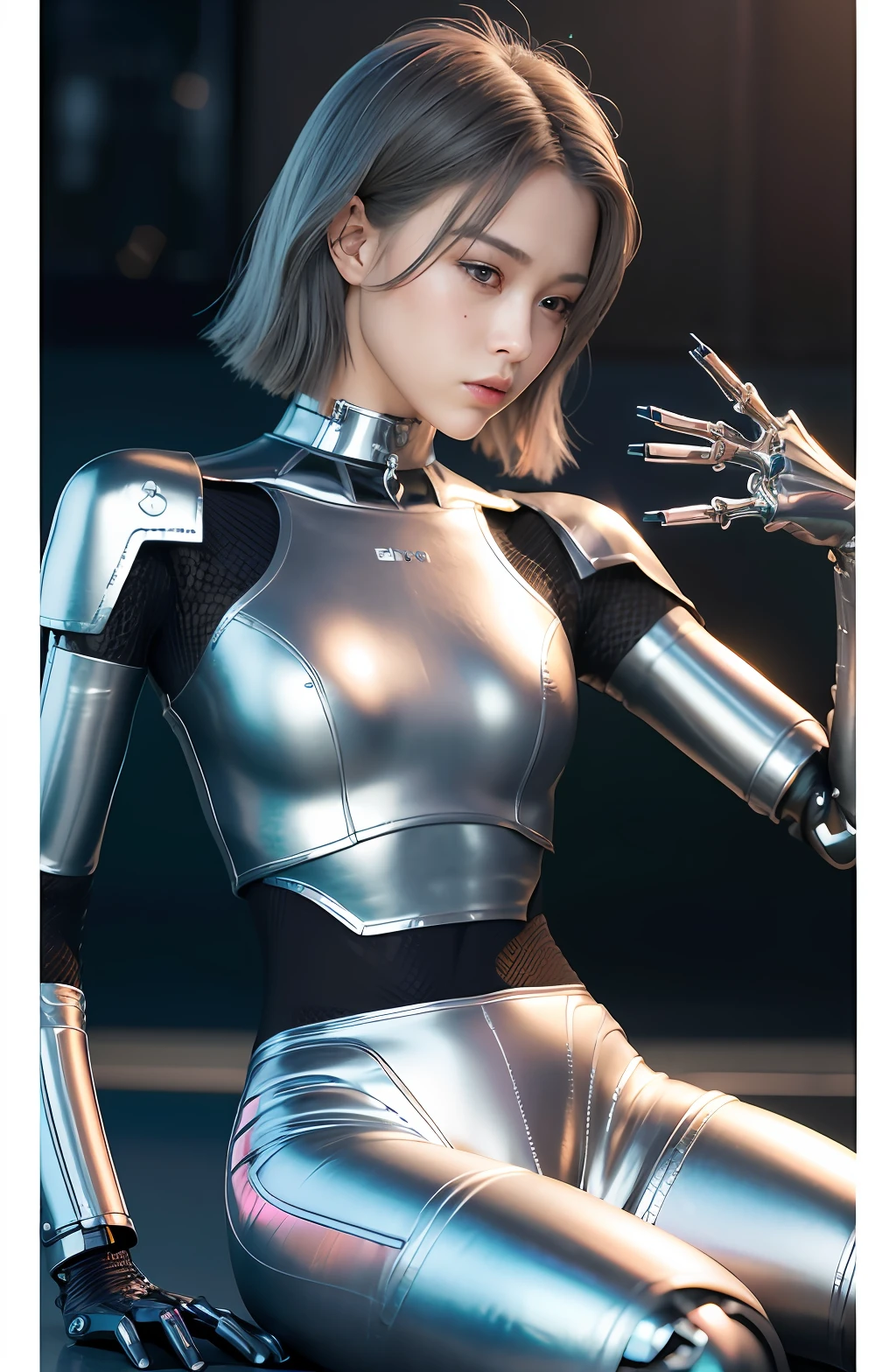 complex 3d render android face ultra detailed beautiful china profile woman, cyborg, robot part, 150 mm, beautiful studio soft light, edge light, vivid detail, fancy cyberpunk, lace, hyperrealistic, anatomy, facial muscles, electric wires, microchips, elegant, beautiful background, octane render, HR Giger style, 8k, top quality, masterpiece, illustration, smooth and beautiful, highly detailed, CG, unity, wallpaper, (realistic, photo-realistic: 1.37), excellent, detail refined, masterpiece, top quality, official art, highly detailed, absurd CG unity 8k wallpaper, absurd, robot, silver halmet, full body, sitting