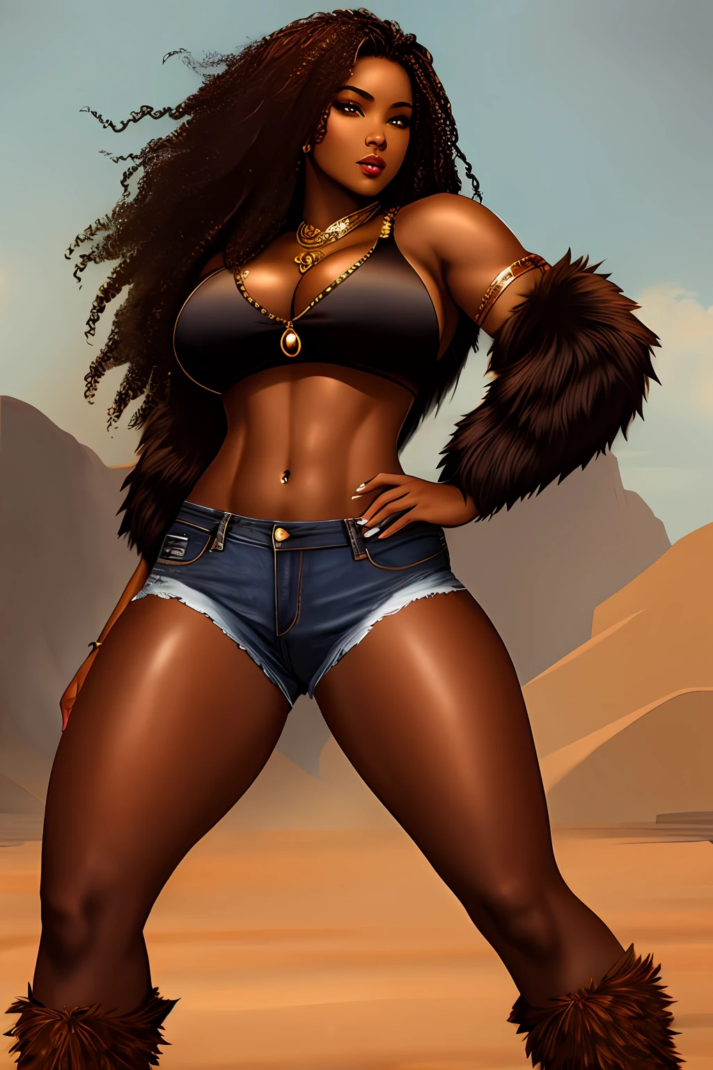 Masterpiece, highest quality, seductive, African female, brown skin, werewolf, warrior, large wolf in background, details, full body, sexual pose, jeans