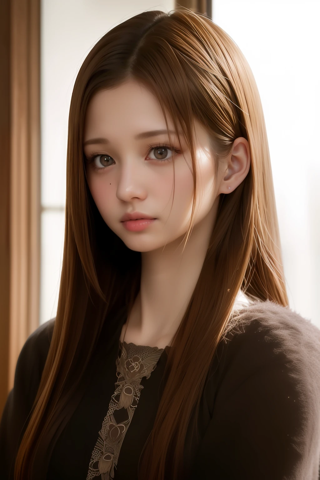 best quality, works, (realistic: 1,2), 1 girl, brown hair, brown eyes, Front, detailed face, beautiful eyes