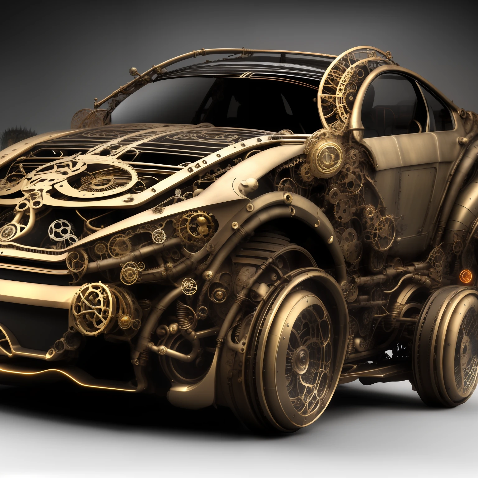 biomechanical steampunk vehicle reminiscent of fast sportscar with robotic parts and (glowing) lights parked in ancient lush palace, gothic and baroque, brutalist architecture, ultradetailed, 3D BrassInstrumentAI cycle render, sharp focus, , Intricate by Ellen Jewett and Josan Gonzalez and Giuseppe Arcimboldo