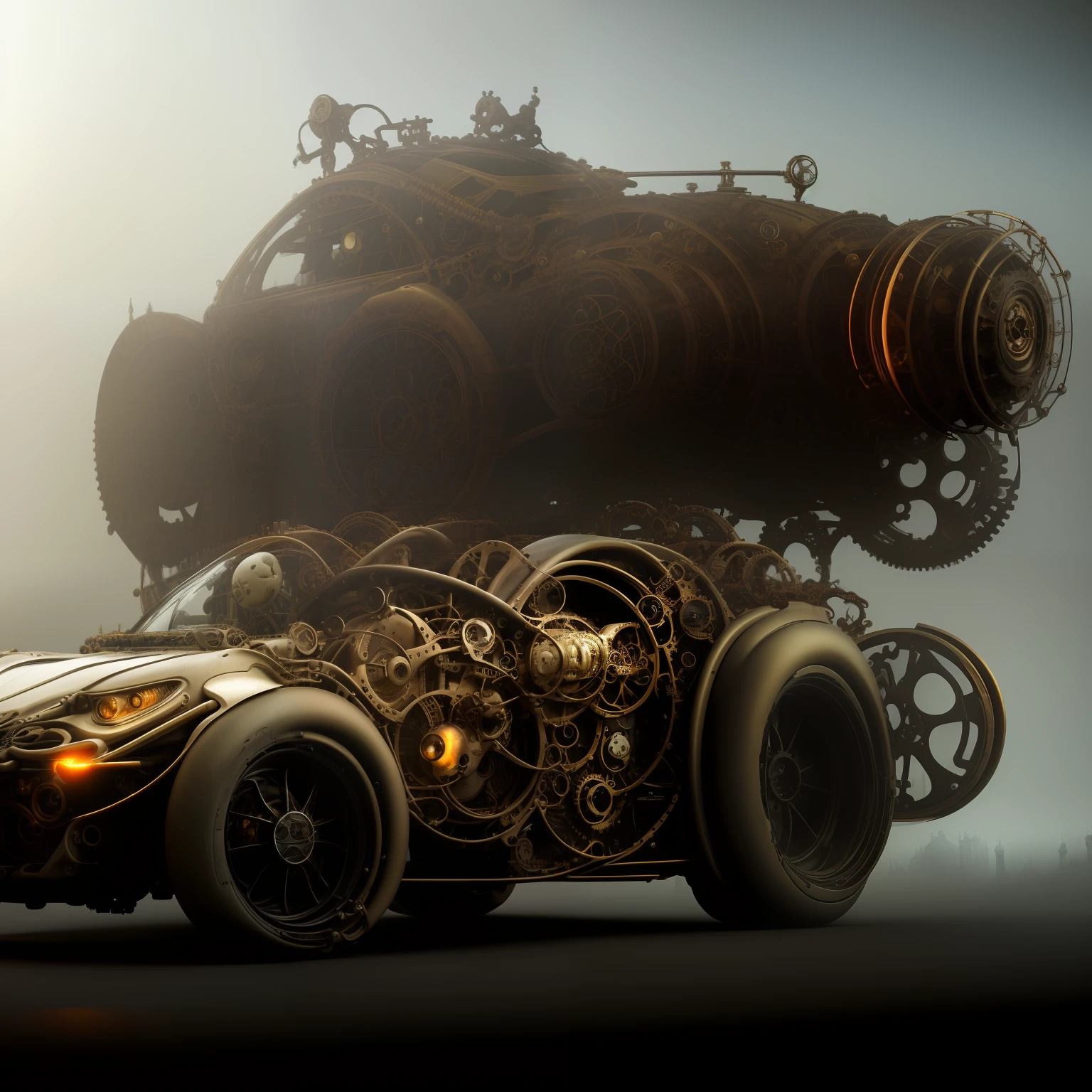 biomechanical steampunk vehicle reminiscent of fast sportscar with robotic parts and (glowing) lights parked in ancient lush palace, gothic and baroque, brutalist architecture, ultradetailed, 3D BrassInstrumentAI cycle render, sharp focus, , Intricate by Ellen Jewett and Josan Gonzalez and Giuseppe Arcimboldo