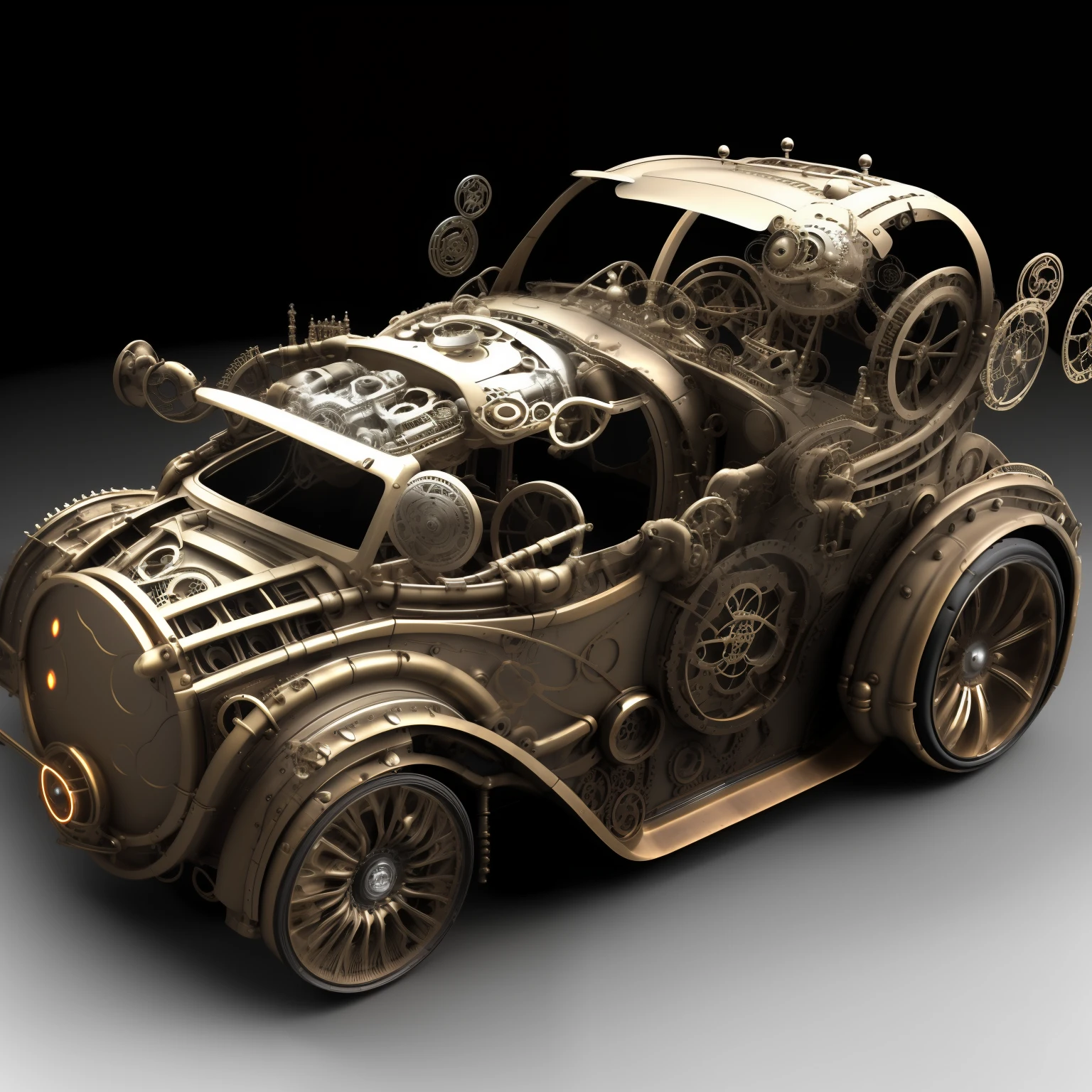 biomechanical steampunk vehicle reminiscent of sedan car with big open engine in the front, HRGiger, with robotic parts and (glowing) lights parked in ancient lush palace, gothic and baroque, brutalist architecture, ultradetailed, 3D BrassInstrumentAI, cycle render, sharp focus, , Intricate by Gier style,
