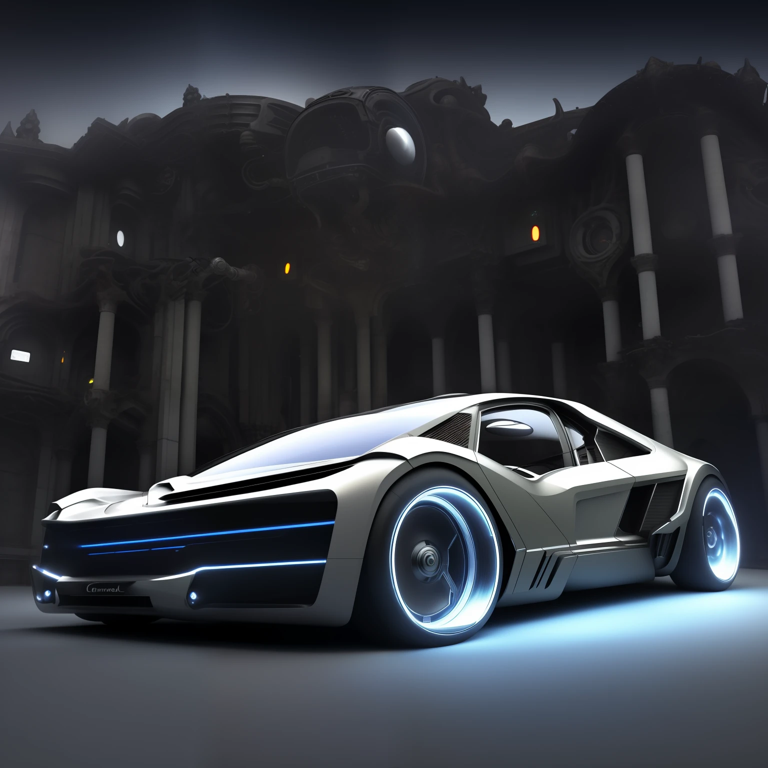 biomechanical Giger vehicle futuristic car with big open engine in the front, HRGiger, with robotic parts and (glowing) lights parked in ancient lush garage, gothic and baroque, brutalist architecture, ultradetailed, 3D BrassInstrumentAI, cycle render, sharp focus, , Intricate by Gier style,