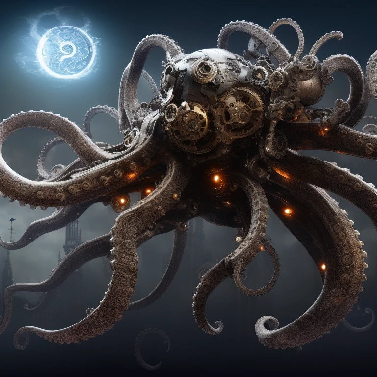 biomechanical big octopus with robotic parts, dark background, gothic and baroque, ultradetailed, 3D BrassInstrumentAI cycle render, sharp focus, Intricate details,