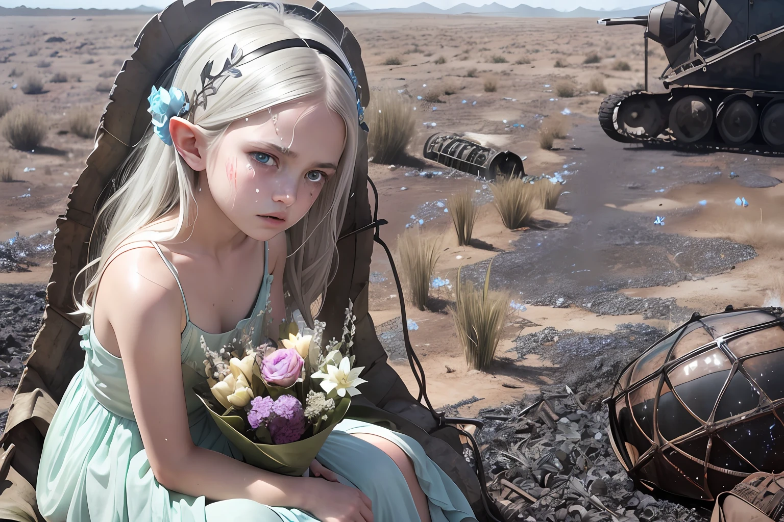 (dirt sprinkled face), (holding a flower), From above, look up, wide angle, 8k, RAW photo, realistic, photo-realistic, hyper-realistic, highest quality, best quality, masterpiece, highly detailed, absurdres:1.2), 1 elven child, 1 girl, fairy, fantasy, sitting in a battle field, surrounded by dried grass, surrounded by burned tanks, delicate features, silver hair, glowing blue eyes, mystical aura, angry expression, ((tears)), delicate features, (a dirt stain on face), surrounded by dead creatures on ground, hair adorned with flowers, wearing a translucent sundress, surrounded by butterflies on fire, volumetric sunlight at corner, (rotten flowers), floating dust, (ultra-detailed 16k skin texture with slight imperfections:1.2), Cerulean and Emerald colour palette, ultra-sharp focus, shallow depth of field, Diffused lighting , Radiant light rays, Macro Photography , Volumetric Fog