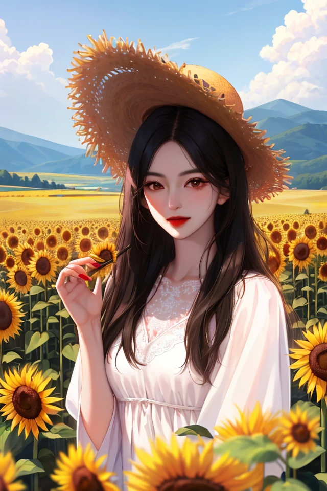 high-quality digital art, happy, red lips, long black hair, wavy long hair, bangs, straight bangs, brown eyes, white skin, red nails, picture-perfect face, flawless, clean, masterpiece, (((sharp))) ((focus)) (instagram) (8k) masterpiece, beautiful dress, delicate tracing, pink accents, digital painting, outside, sunflower field, highly detailed light, cinematic light, high-quality, a digital painting masterpiece, best quality, absurdly high resolution, mountains, windy day, sunflower petals, straw hat, cloudy sky, sun, wind, sunflowers, detailed background, big field, rustic feel, intricate details, glow, shiny hair, black hair, loose hair, lustrous skin, warm vibe, windblown hair, one girl