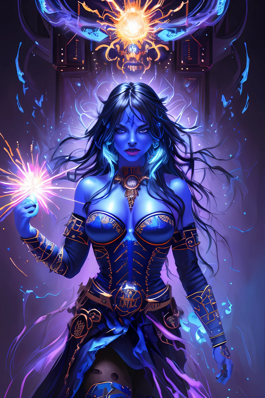 (begin style: (cinematic, ultra-detailed, best quality, strong lighting, illustration, 16k)), ((blu skin:1.5)), 1 woman, long hair, blue hair, (purples eyes), ((necromancer, medium shot, terrifying, intricate),(dramatic), ((Color Blast)), ((oil painting))), (end style), chaos 750, stylized 750