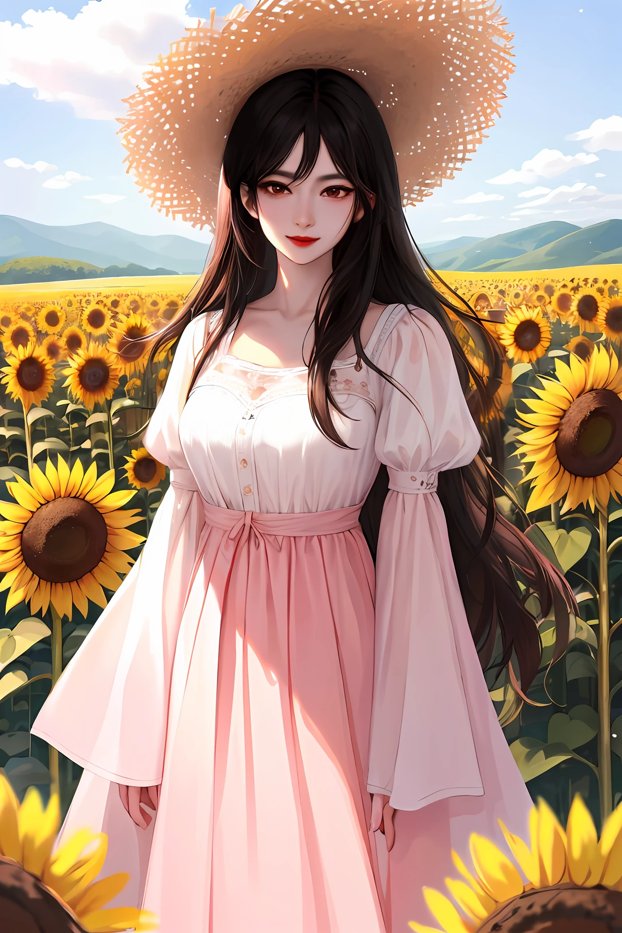 high-quality digital art, happy, red lips, long black hair, wavy long hair, bangs, straight bangs, brown eyes, white skin, red nails, picture-perfect face, flawless, clean, masterpiece, (((sharp))) ((focus)) (instagram) (8k) masterpiece, beautiful dress, delicate tracing, pink accents, digital painting, outside, sunflower field, highly detailed light, cinematic light, high-quality, a digital painting masterpiece, best quality, absurdly high resolution, mountains, windy day, sunflower petals, straw hat, cloudy sky, sun, wind, sunflowers, detailed background, big field, rustic feel, intricate details, glow, shiny hair, black hair, loose hair, lustrous skin, warm vibe, windblown hair, one girl