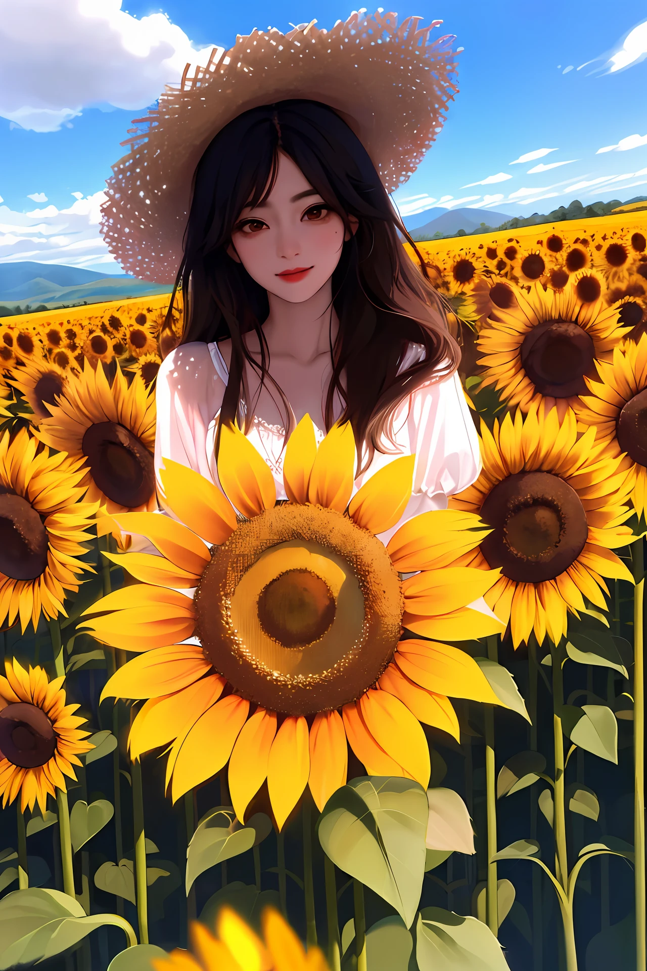 high-quality digital art, happy, red lips, long black hair, wavy long hair, bangs, straight bangs, brown eyes, white skin, red nails, picture-perfect face, flawless, clean, masterpiece, (((sharp))) ((focus)) (instagram) (8k) masterpiece, beautiful dress, delicate tracing, pink accents, digital painting, outside, sunflower field, highly detailed light, cinematic light, high-quality, a digital painting masterpiece, best quality, absurdly high resolution, mountains, windy day, sunflower petals, straw hat, cloudy sky, sun, wind, sunflowers, detailed background, big field, rustic feel, intricate details, glow, shiny hair, black hair, loose hair, lustrous skin, warm vibe, windblown hair, one girl
