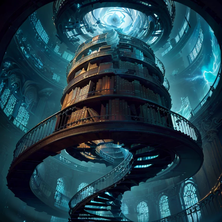 Stare into the Infinite Vortex Library, baroque, with endless books,  spiraling staircase, starry nebula, ominous vibe, cinematic atmosphere, negative dark mode, MC Escher, Senseijaye Art, Matrix ambiance, and matte painting.