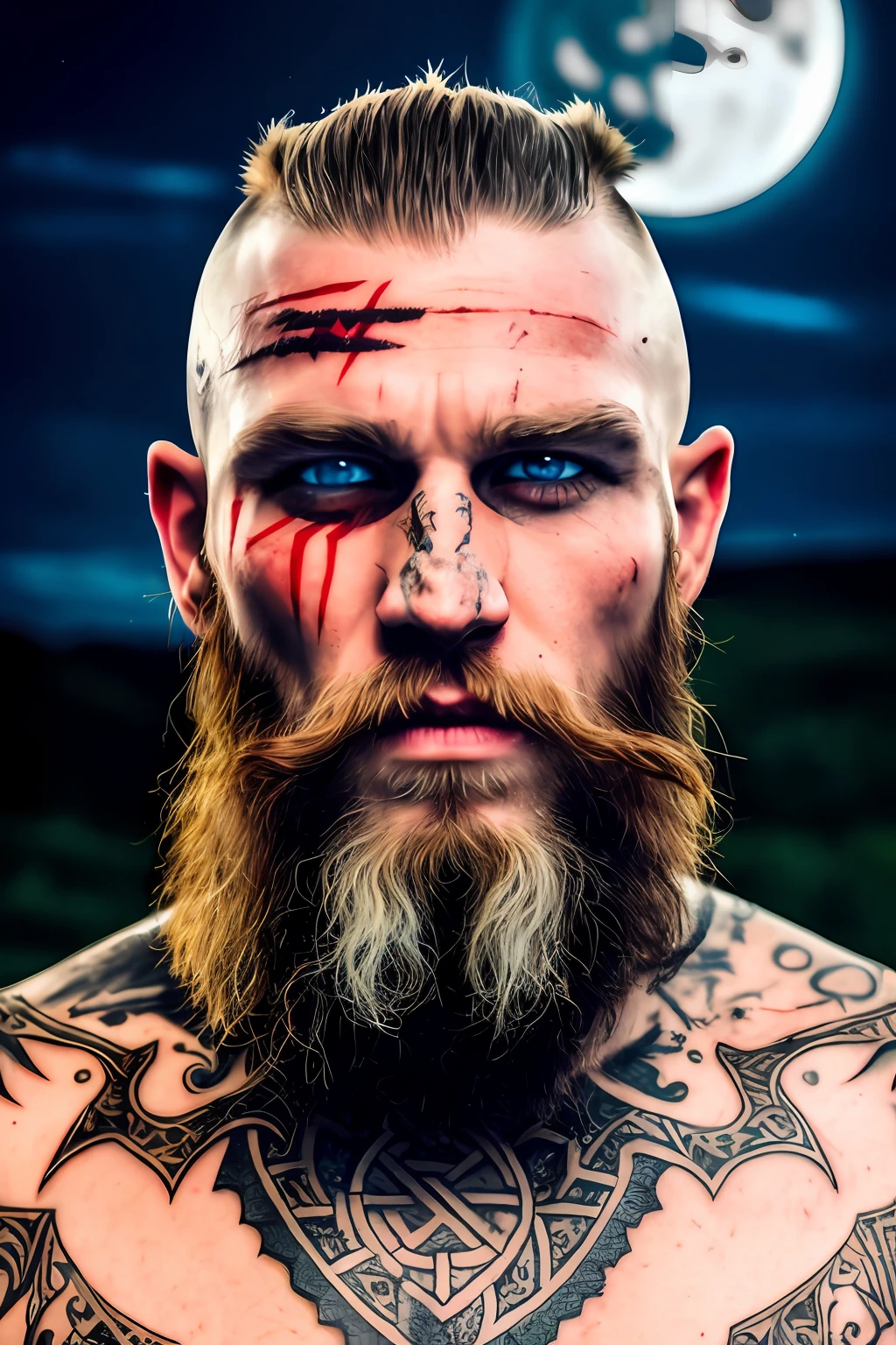 Viking, blue eyes, brunette, shaved on the  lateral of the head, rune tattoos on the head and face, beard, vampire, blood on his mouth, full moon in background