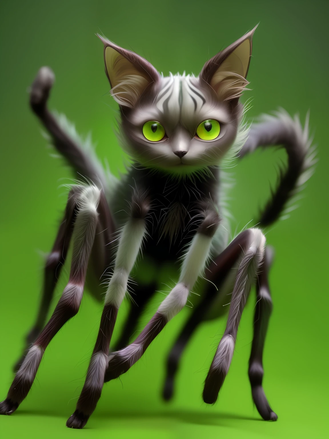 An impressive picture of high quality - a spider transformed into a cat with a percentage of 10%. Dark background, soft light, dynamic pose, deep green eyes, soft and detailed fur, well-defined furry limbs, small and soft ears, and the magic of myth.