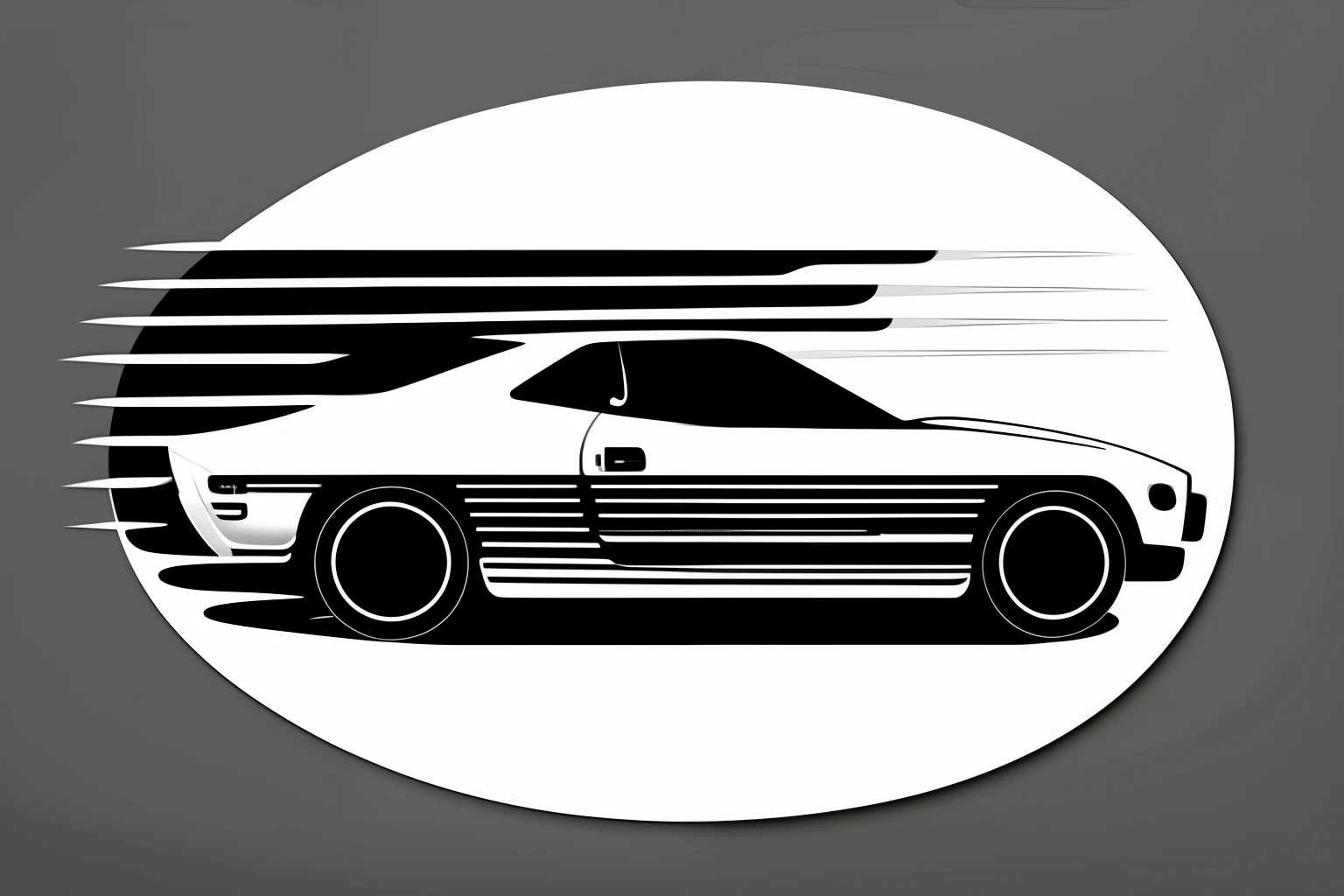 logo of car, black and white, line art, horizontal view, smoke is coming from exhaust