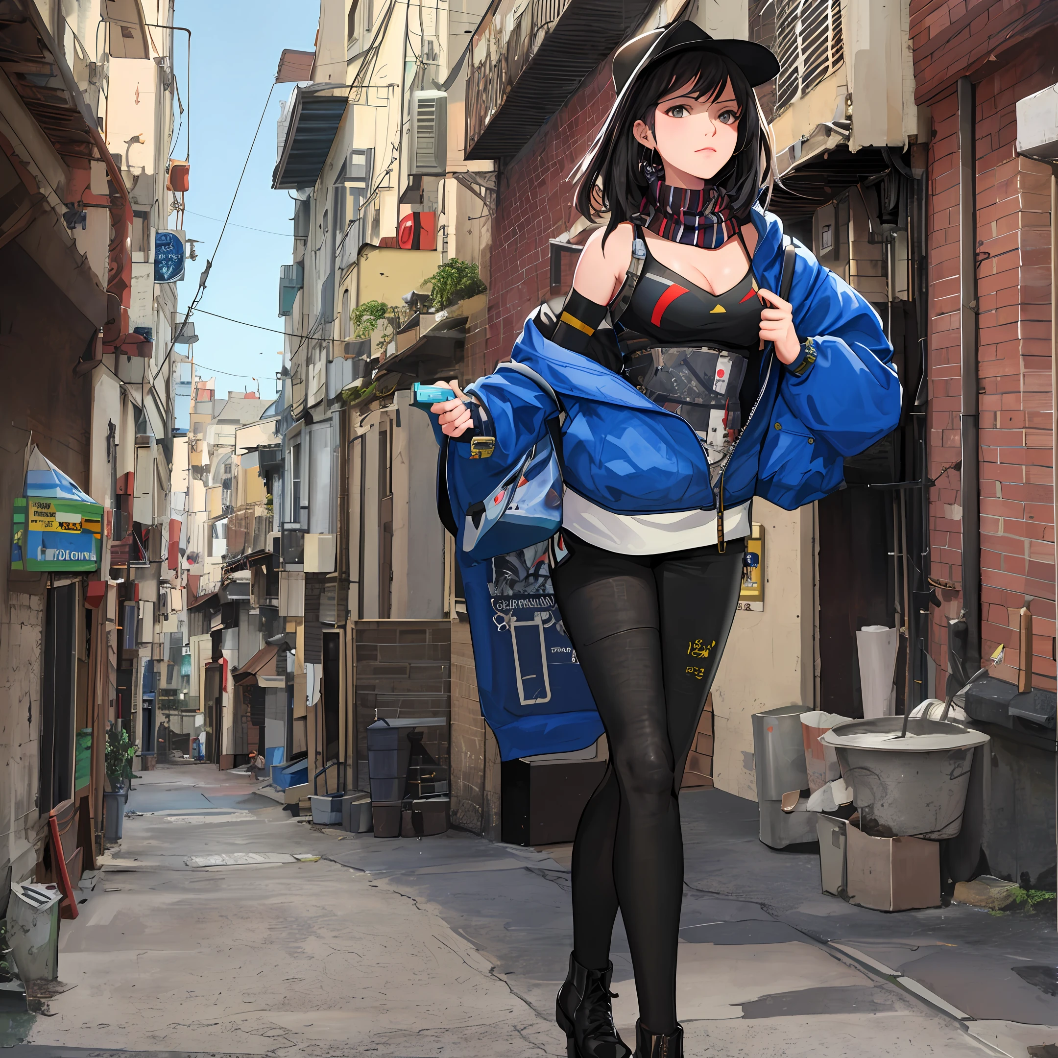 centered chest up photo, Realistic western art style, watercolor style, Long and slim legs, Dark asthetic, dark nighttime, Alleyway background, lantern, light particles,  looking at viewer, medium hair, night, , solo, stars, picture of a cat girl in a hat and scarf, art station trend, dressed in punk clothes, hyper realistic detailed rendering, british gang member, urban style, urban samurai, battlemech,  meow, west slavic traits, skin indentation, cleavage, Bare shoulder , Capsule Corp style robot, Dynamic pose, 
best quality, masterpiece, highly detailed ,ultra-detailed, RAW, analog style, sharp focus, volumetric fog, 8k uhd, dslr, high quality, film grain, Fujifilm XT3
((8k, RAW photo, highest quality, realistic:2, masterpiece, ultra high resolution, CG 8K wallpapers)), physics-based rendering,