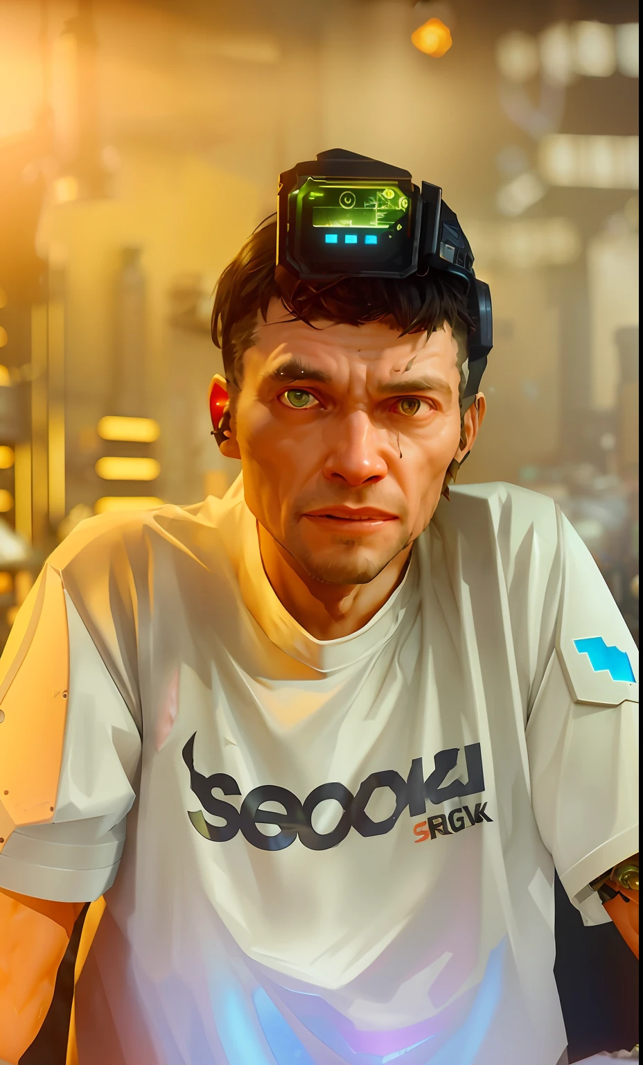 Wide angle Environmental shot in a cluttered and messy shack , action shot, tattered torn shirt, porcelain cracked skin, league of legends, vibrant, photo realistic, realistic, dramatic, dark, sharp focus, 8k."orc repairing cyborg arm as a realistic scifi cyberpunk knight, medium shot, intricate,unreal engine, cozy indoor lighting, artstation, detailed, arms crossed
