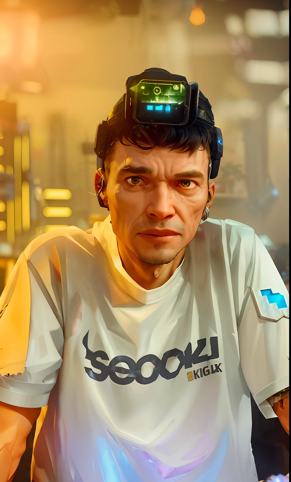 Wide angle Environmental shot in a cluttered and messy shack , action shot, tattered torn shirt, porcelain cracked skin, league of legends, vibrant, photo realistic, realistic, dramatic, dark, sharp focus, 8k."orc repairing cyborg arm as a realistic scifi cyberpunk knight, medium shot, intricate,unreal engine, cozy indoor lighting, artstation, detailed, arms crossed