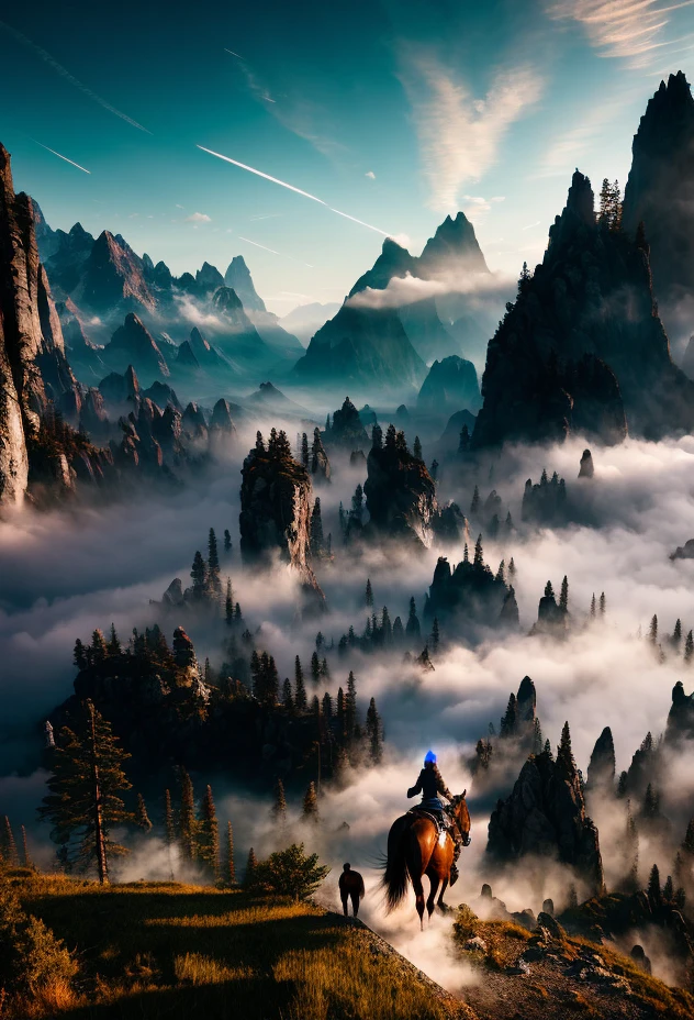 epic shot of woman with light armor riding a horse, background mountains, epic extreme long shot, dark mood and strong backlighting, volumetric lights, smoke volutes, artstation HQ, unreal engine, octane renderer, HQ, 8K