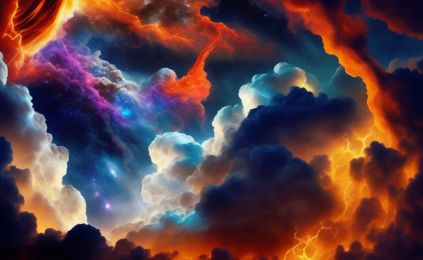 sky filled with numerous clouds| evoking a sense of awe and wonder| strikingly detailed fire tendrils and wraiths riding through the sky| metallic nebula in the background| cosmic theme