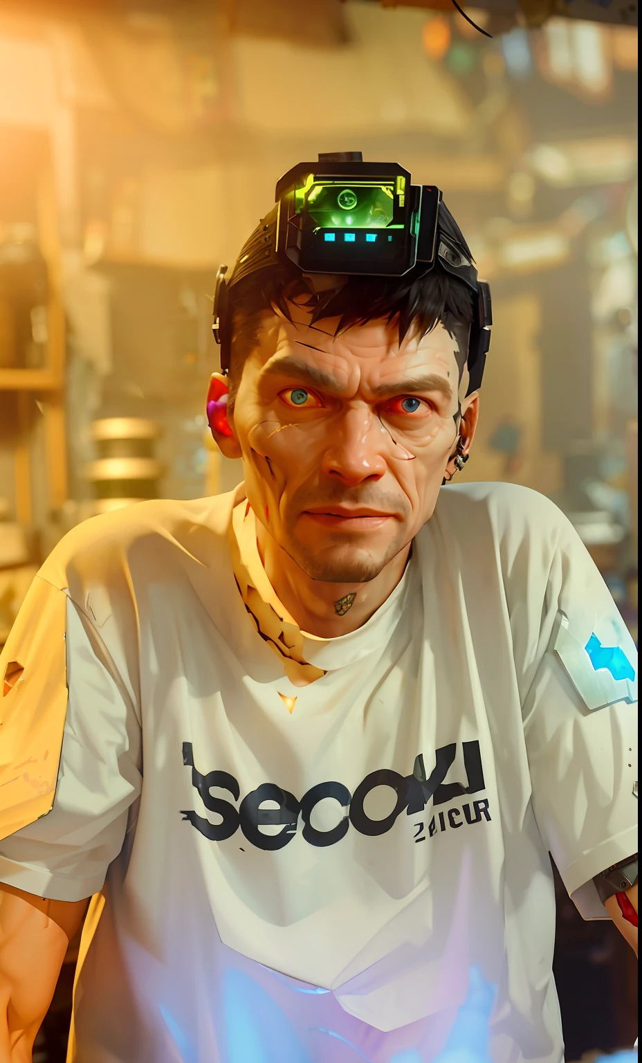 Wide angle Environmental shot in a cluttered and messy shack , action shot, tattered torn shirt, porcelain cracked skin, league of legends, vibrant, photo realistic, realistic, dramatic, dark, sharp focus, 8k."orc repairing cyborg arm as a realistic scifi cyberpunk knight, medium shot, intricate,unreal engine, cozy indoor lighting, artstation, detailed, arms crossed