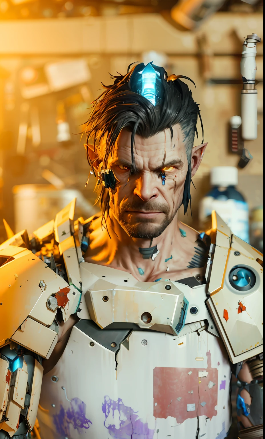 Wide angle Environmental shot in a cluttered and messy shack , action shot, tattered torn shirt, porcelain cracked skin, league of legends, vibrant, photo realistic, realistic, dramatic, dark, sharp focus, 8k."orc repairing cyborg arm as a realistic scifi cyberpunk knight, medium shot, intricate,unreal engine, cozy indoor lighting, artstation, detailed, arms crossed