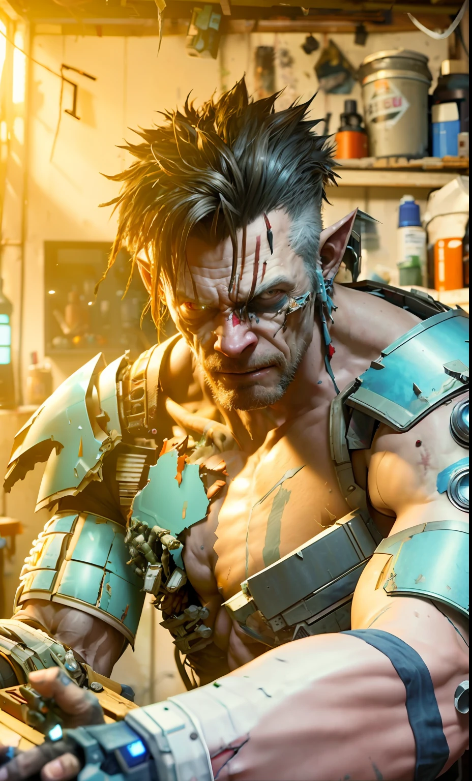 Wide angle Environmental shot in a cluttered and messy shack , action shot, tattered torn shirt, porcelain cracked skin, league of legends, vibrant, photo realistic, realistic, dramatic, dark, sharp focus, 8k."orc repairing cyborg arm as a realistic scifi cyberpunk knight, medium shot, intricate,unreal engine, cozy indoor lighting, artstation, detailed, arms crossed